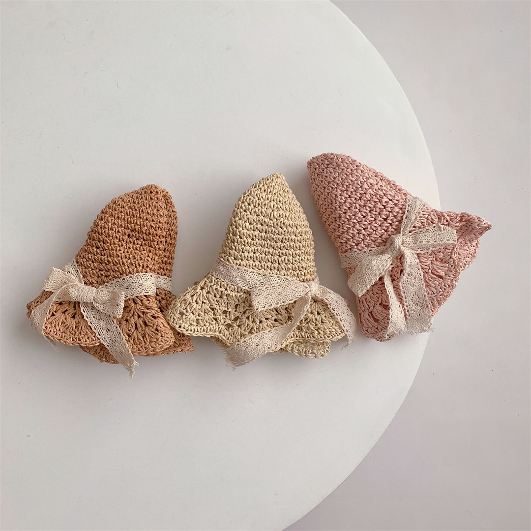 Caps Hats Fashion Baby Petal Brim Straw Woven Hat Sun Protection Lace Cap Kids Girls Princess Collapsible Beach Cute Infant Bucket Hats 230418