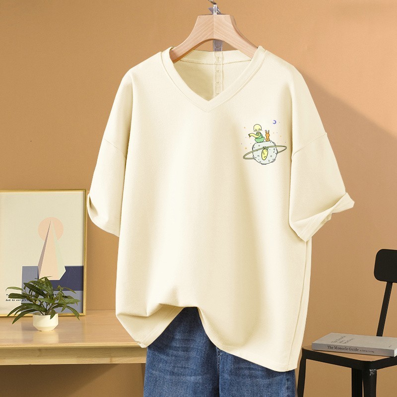 Women's T-Shirt EBAIHUI 100% Cotton L-5XL Plus Size T Shirt Cartoon Print VNeck Tshirt Short Sleeve Women Top Basic Summer Couple Solid T Shirts 