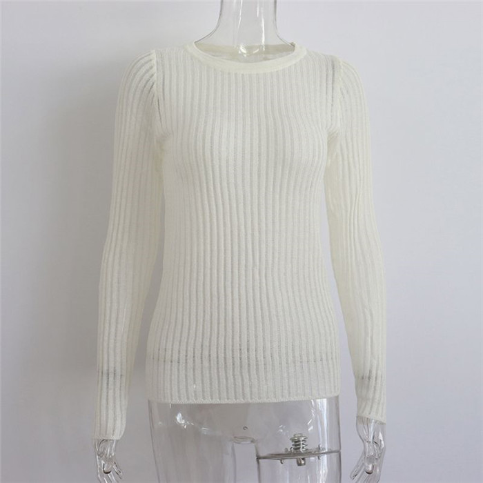 Women's Knits White Long Sleeve T-shirt Women See Through Knitted Top Y2K Streetwear Hollow Out Knitwear Tee Shirts Woman Winter Autumn