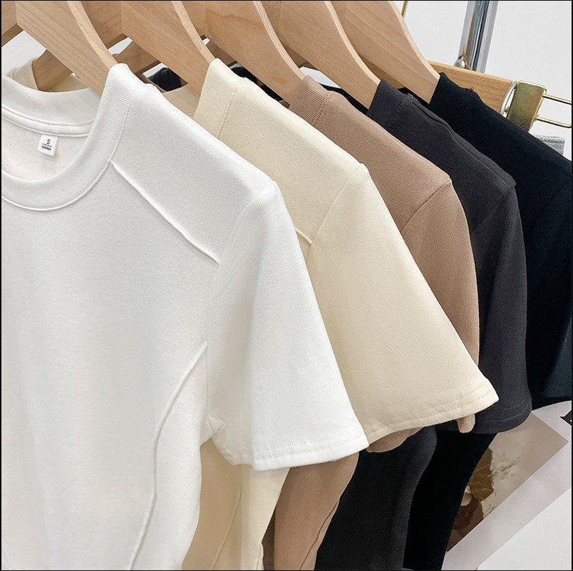 Womens t Shirts Solid Color Round Neck Short Sleeve Slim T-shirt Women 2023 Summer Foreign Air Age Reduction Tops