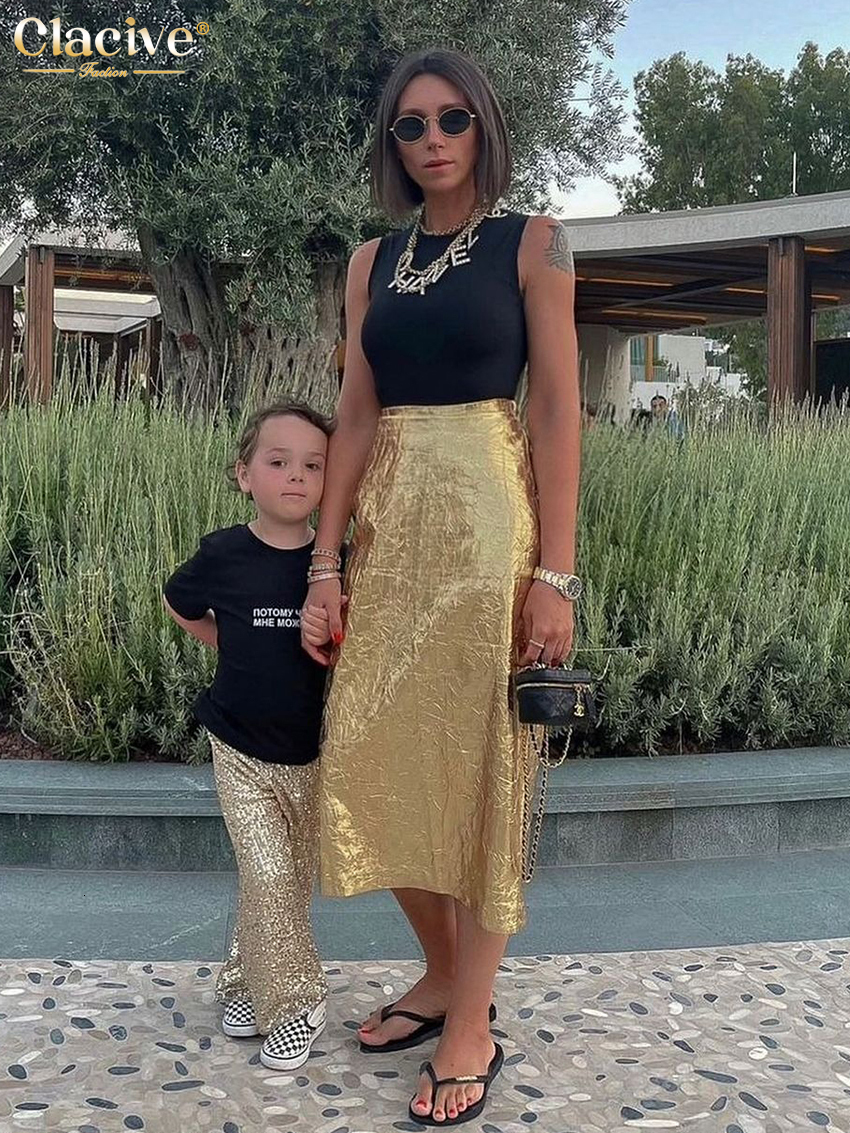 Skirts Clacive Fashion Slim Gold Women'S Skirt Elegant Chic High Waist Midi Skirts Streetwear Vintage Faldas Skirt Female Clothing 230503