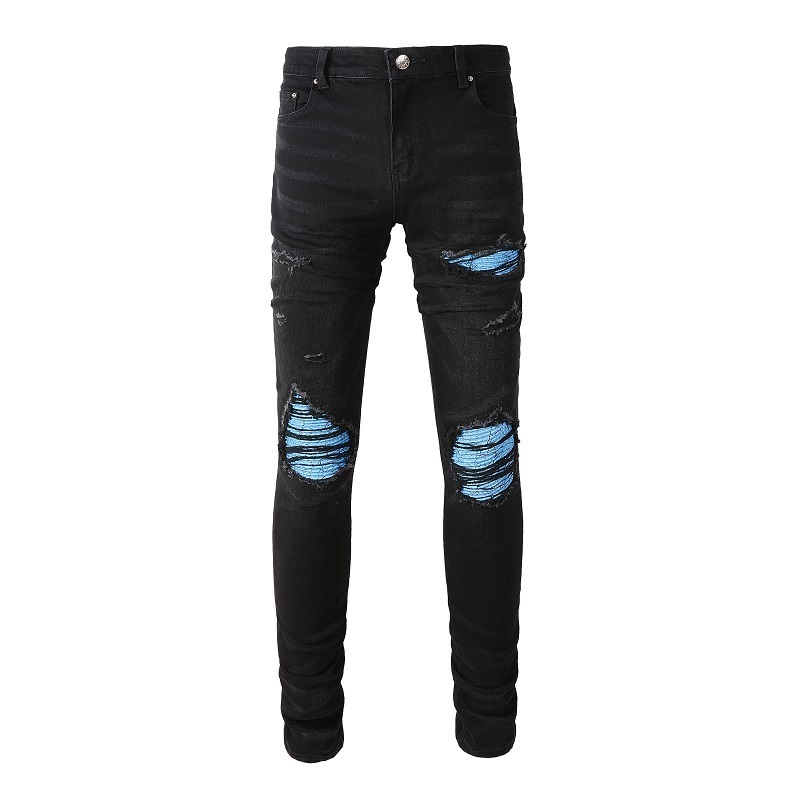 Men's Jeans Arrivals Men Steetwear Style Bandana Skinny Stretch With Holes Ripped Slim Fit Black Blue High Street Distressed Patch 230418