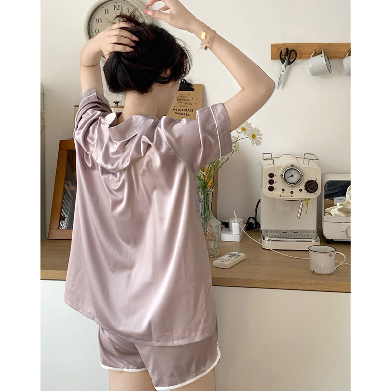 Women's Sleepwear Summer Ladies Sweet Satin Silk Solid Color Pajamas Set Short SleevePants Women Ice Silk Cute Homewear Casual Wear 230418