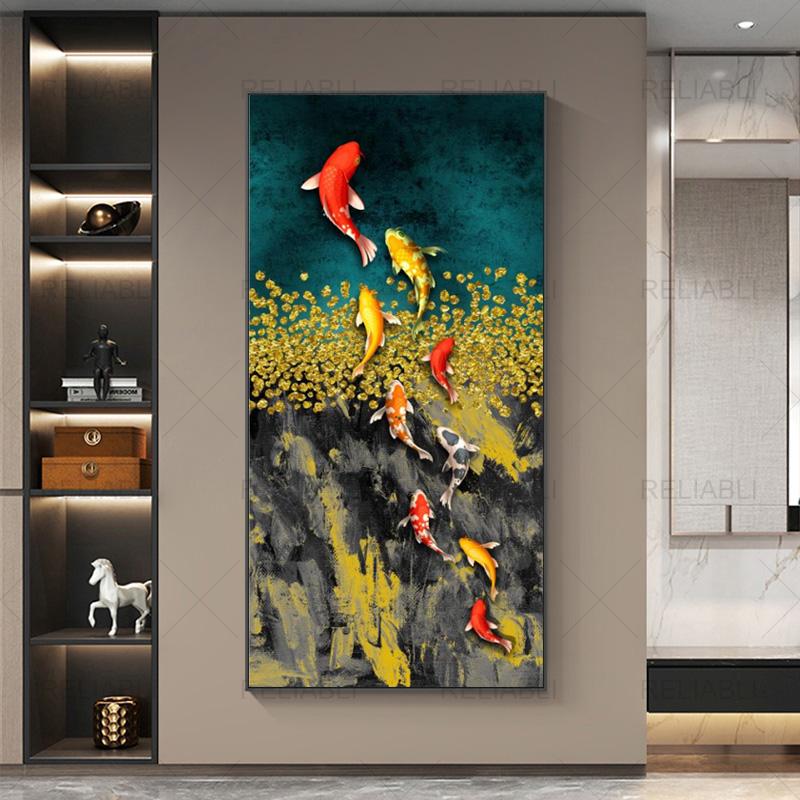 Koi Fish Feng Shui Carp Gold Fish Pictures Oil Painting on Canvas Posters and Prints Cuadros Wall Art Pictures For Living Room