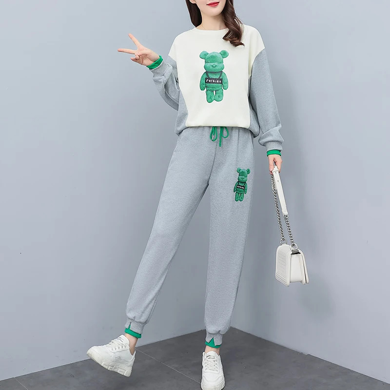 Womens Two Piece Pants Katon printed sweater knitted set for womens autumn clothing Korean loose and pencil pants twopiece patched work clothes 231118