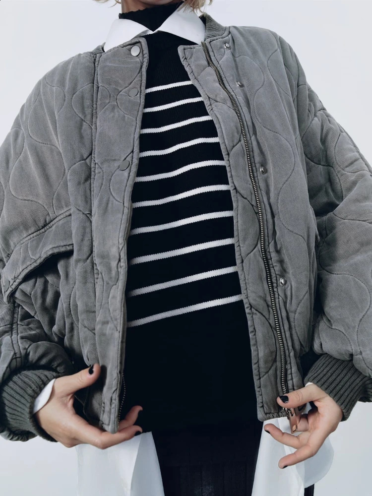 Womens Jackets ZBZA Autumn and Winter Quilted Loose Bomber Jacket Long Sleeve Flap Pocket Zipper Warm Coat