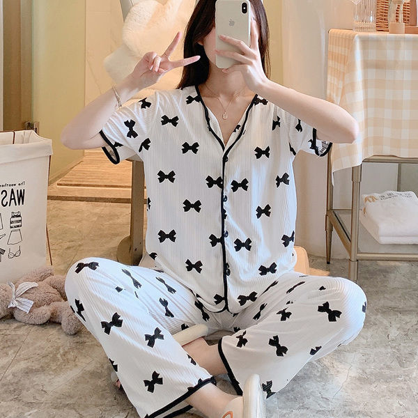 Women's Sleepwear Cartoon Pajamas Set Women Long Pants Short Sleeved Summer Spring Loungewear Female 3 PCS Home Clothing Sweet Girls Sleepwear 23