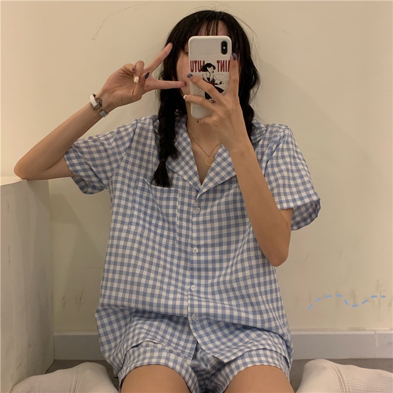 Women's Sleepwear Cute Grid Girls Pajamas Set Korean Summer Short Sleeve Leisure Sleepwear Women Loose Nightwear Homewear Suit 230418