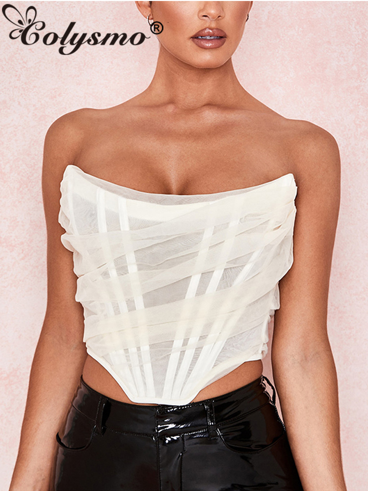 Women's Tanks Camis Colysmo Mesh Crop Top Women Summer s Sexy Party Club Wear Off Shoulder Corset Solid Color Casual Streetwear Tube 230418