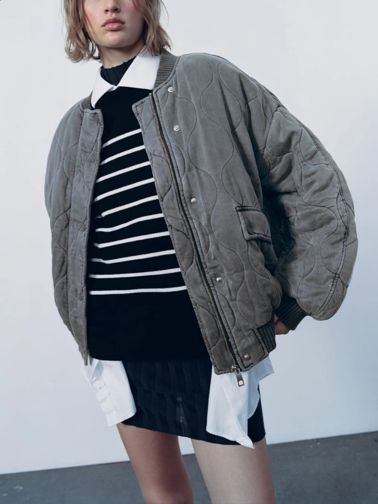 Womens Jackets ZBZA Autumn and Winter Quilted Loose Bomber Jacket Long Sleeve Flap Pocket Zipper Warm Coat