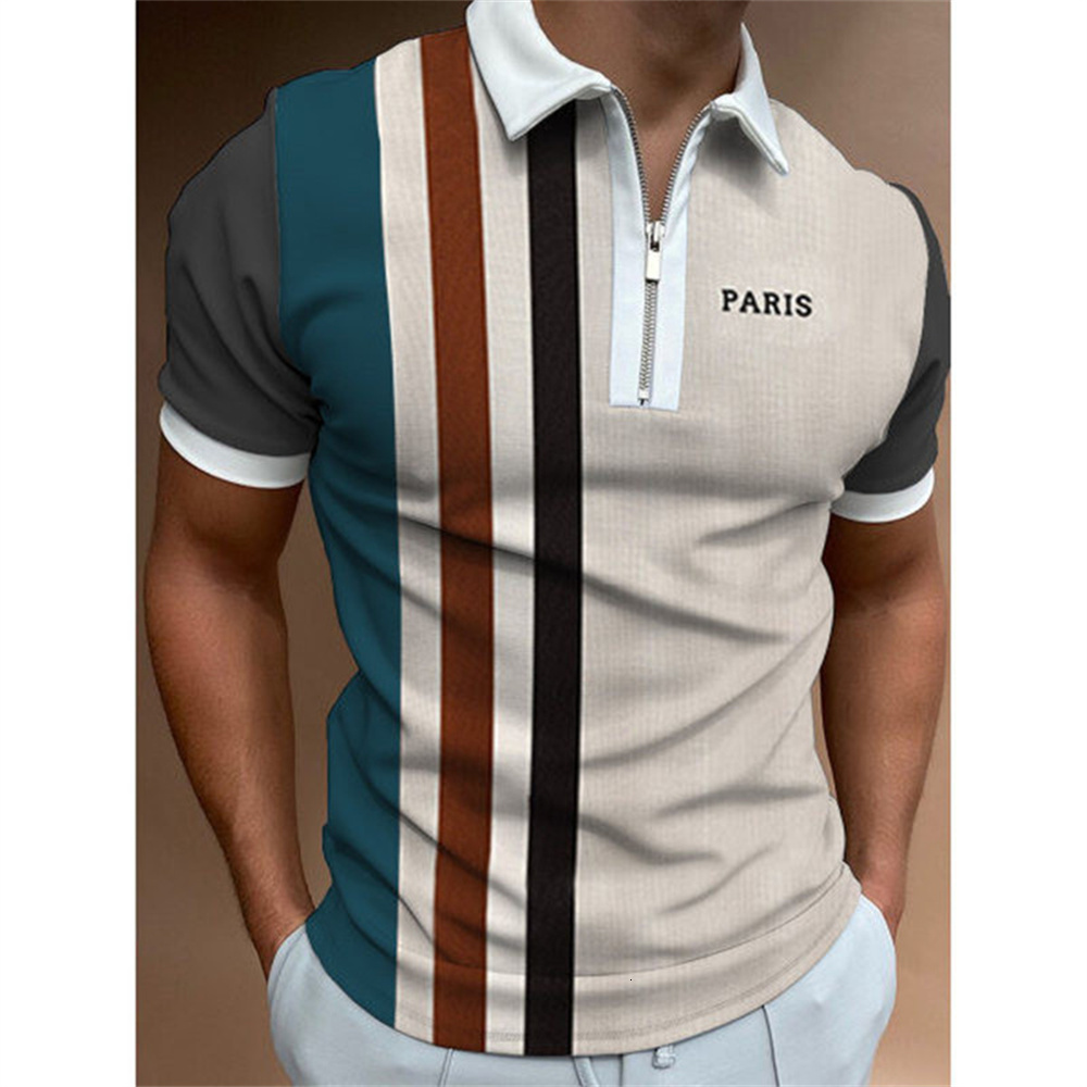 Men's Polos Polo Shirt for Men Summer Men's Tops Daily Short Sleeve Striped Golf Plain Clothing Men Shirts Turn-down Collar Zippers Tee 2304