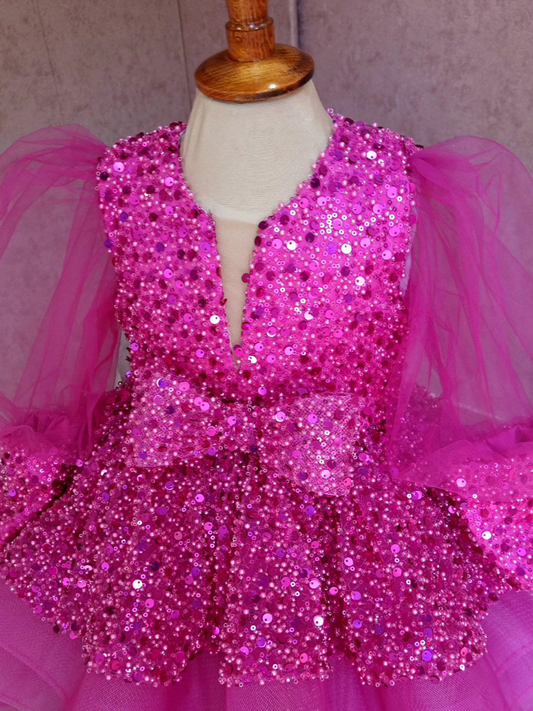 Bling Ball Gown Flower Girls Dresses For Weddings Sequined Long Sleeve Appliqued Boho Kids Birthday First Holy Communion Dress Tutu Vintage Party Page