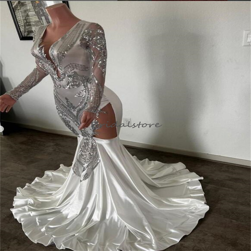 Beautiful Silver Sequin Prom Dress For Black Girl Chic Long Sleeve Mermaid Evening Dresses For 16 Birthday Formal Party Occasion Graduations 2023 vest