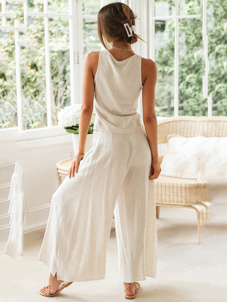 Two Piece Dress Yeuxverts Casual Solid Twopiece Ladies Wide Leg Pant Sets Elegant Sleeveless Tank Top Trouser Summer Women Suits Drawstring 230418