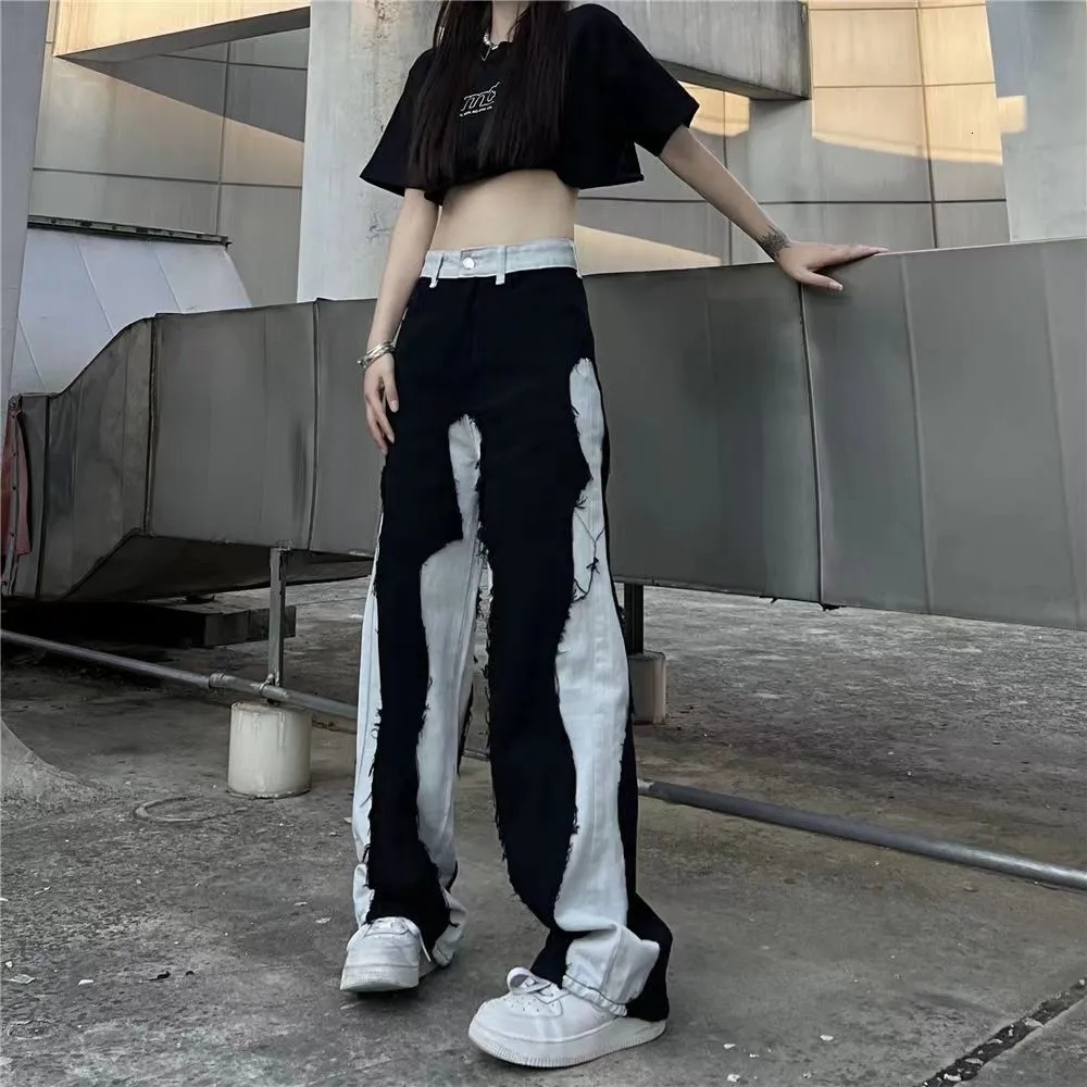 Women's Jeans Harajuku High Street Splicing Straight Jeans Female Fashion Gothic Clothing Y2K Streetwear Wide Leg Baggy Jeans Pants Woman 230417