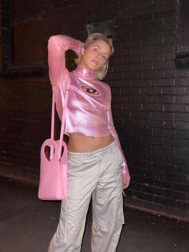 Women's TShirt Kalevest Y2K Trashy Crop Tops Pink Vintage Clothes Women Tops Bright Long Sleeve Tops Cyber Tees 2000s Clothes for Female 230417