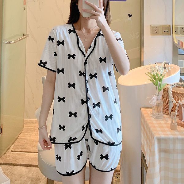 Women's Sleepwear Cartoon Pajamas Set Women Long Pants Short Sleeved Summer Spring Loungewear Female 3 PCS Home Clothing Sweet Girls Sleepwear 23