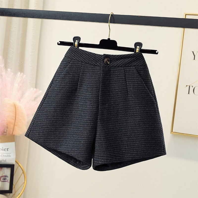 Women's Autumn High Waist Wide Leg Wear Boots Booty Winter Woolen Houndstooth Shorts for Women 230417 XJ260206