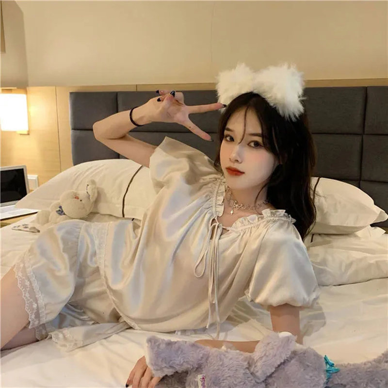Women's Sleepwear Silk Pajamas For Women Set Summer Pyjamas Women Thin Outer Wear Home Clothes Loose Solid Color Lace Kawaii Style Two-Piece Set 