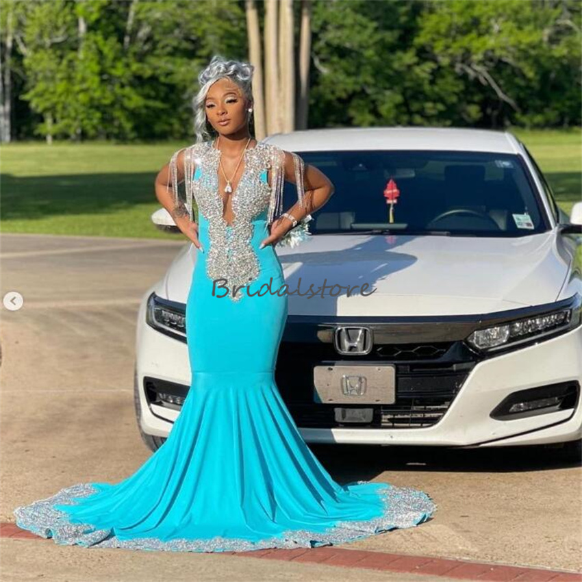 Luxury Black Girls Rhinestone Prom Dress With Tassel Elegant Mermaid Blue Plus Size Evening Gowns Open Back Beaded Formal Party Aso Ebi African Gradua