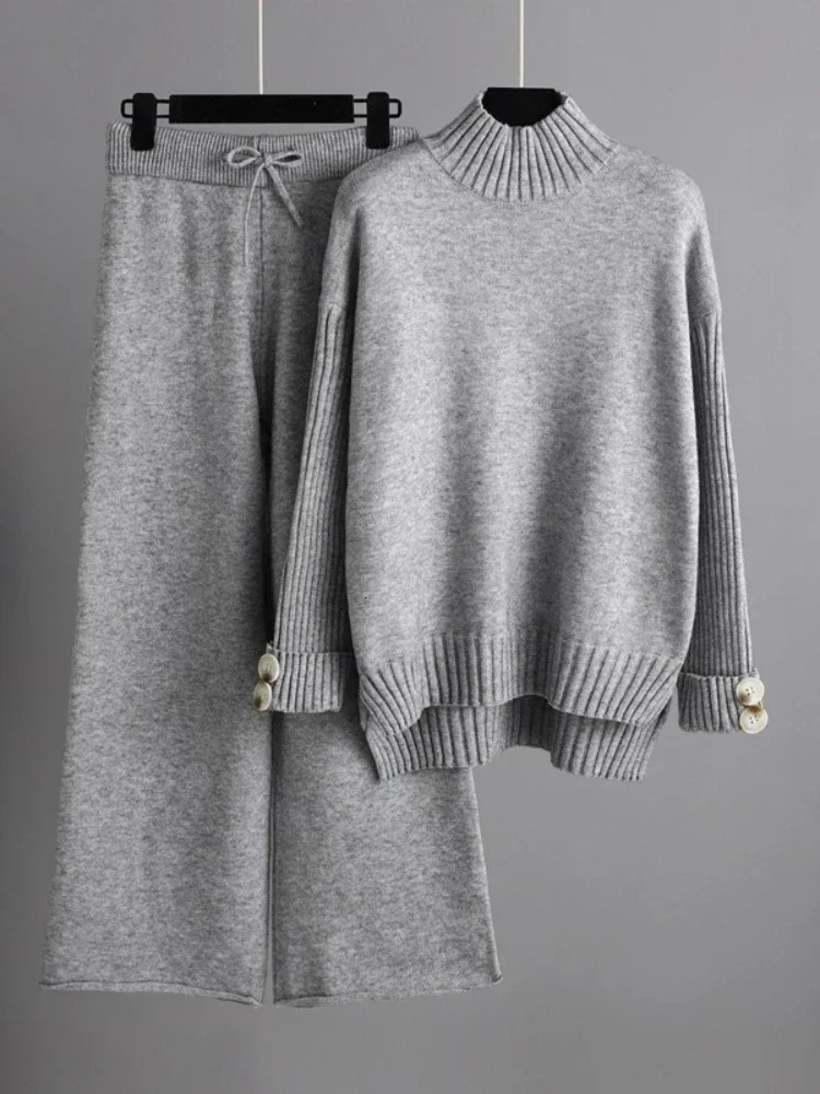 Womens Two Piece Pants Korean fashion twopiece womens clothing 2024 autumn and winter knitted woolen pants set loose 231118wtt