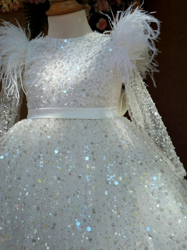 Urious Sequined Wer Girl Dresses White Lace Beaded Ball Gown Sheer Neck Crystals Organza Shiny Bg Lilttle Kids Birthday Party Pageant Weddding Gowns 0