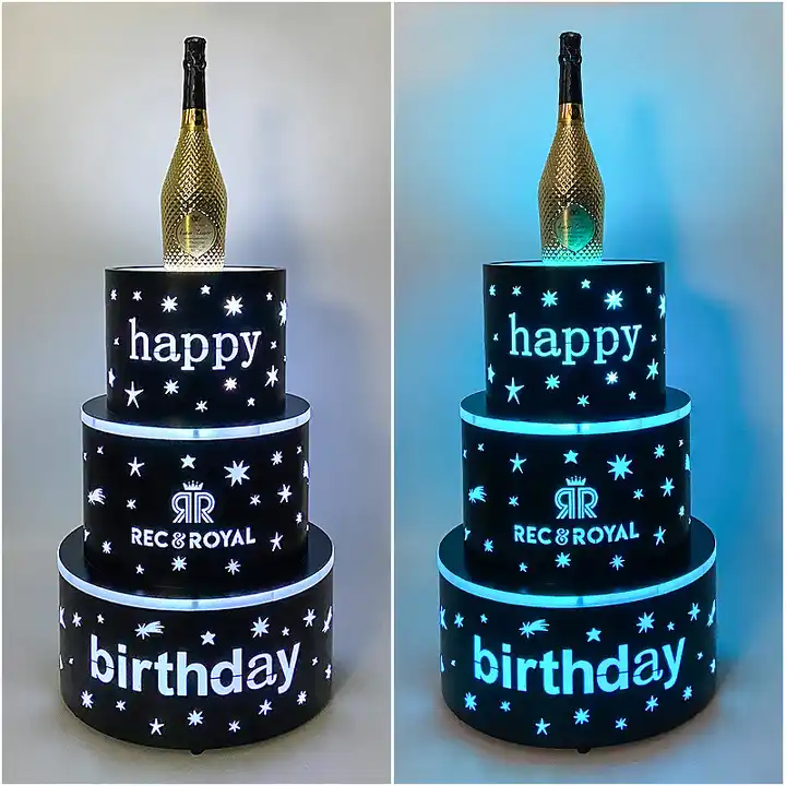 Party Nightclub rechargeable Happy birthday luminous 3 layers LED cake bottle presenter OEM custom LOGO Champagne Glorifier Neon Sign