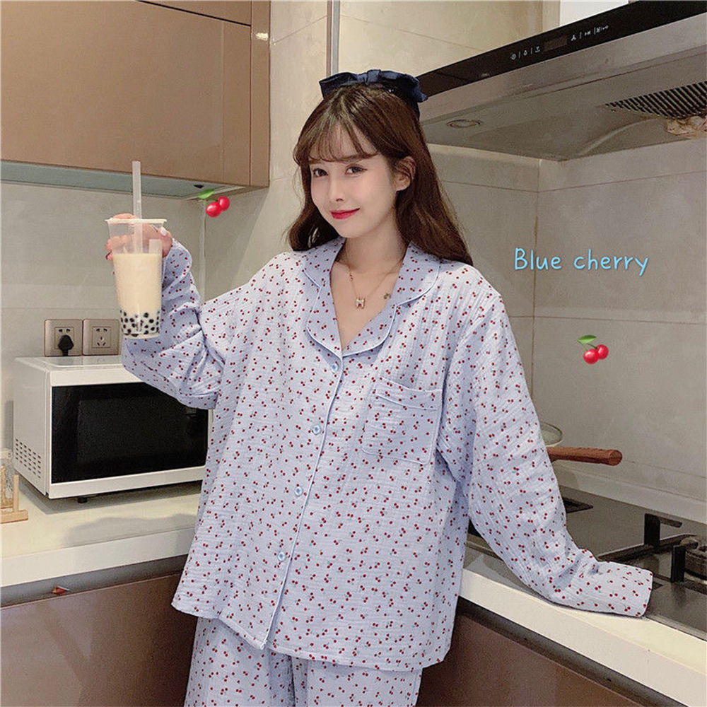 Women's Sleepwear linen 100%cotton Pajama Sets Women Cute Cherry print Spring Long Sleeve Sleepwear Loose Sweet Girl Students Length Pants Lounge