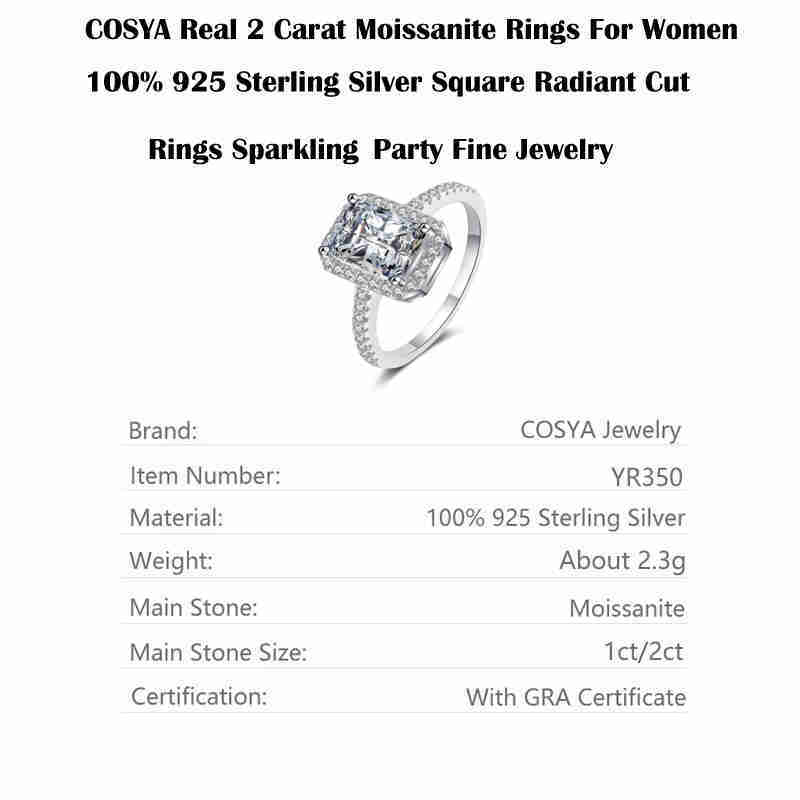 Certificated Radiant Cut Moissanite For Women 2CT Colorless VVS Dia Proposal Rings Sterg Sier Wedding Band Gifts AA230417