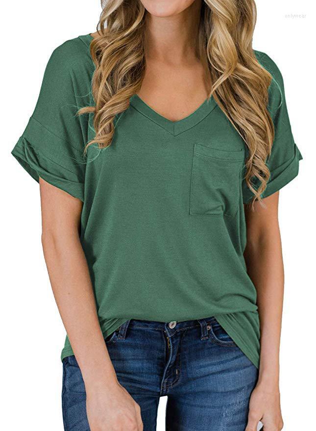 Women's T Shirts For Women Tops Summer V-neck Pocket T-shirt Curled Loose Leopard Print Solid Color All-match Urban Street Home