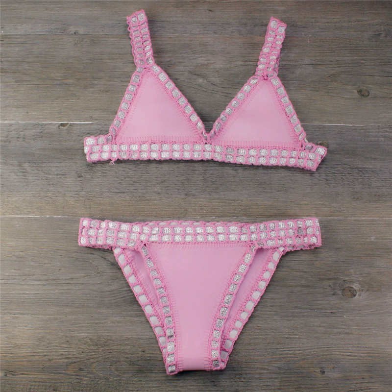 Womens Swimwear Crochet Bikini Swimwear Women Sexy Knit Patchwork Handmade Neoprene Boho Beachwear Bathing Suit Swimsuit Brazilian Biquini 230417