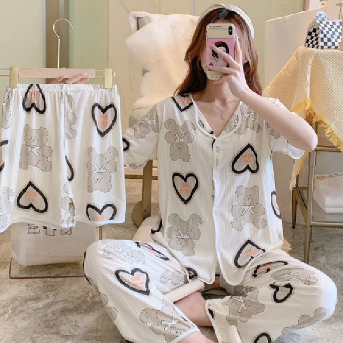 Women's Sleepwear Cartoon Pajamas Set Women Long Pants Short Sleeved Summer Spring Loungewear Female 3 PCS Home Clothing Sweet Girls Sleepwear 23