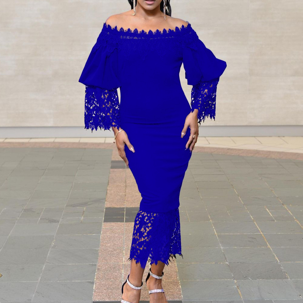 Black Lace Dress Women Elegant Bodycon Lantern Sleeve Ankle Length Evening Night Party Vestidos Mujer Dresses Wholesaele 210510