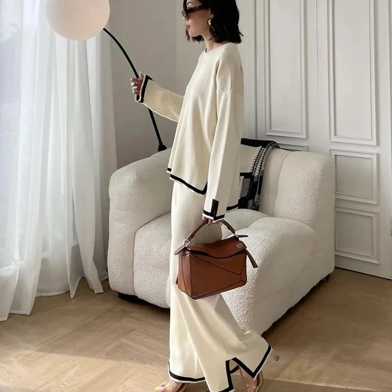 Womens Two Piece Pants Elegant Oneck side stitched long sleeved sweaterwide leg pants 2piece womens autumn solid color casual sweater 231118wtt