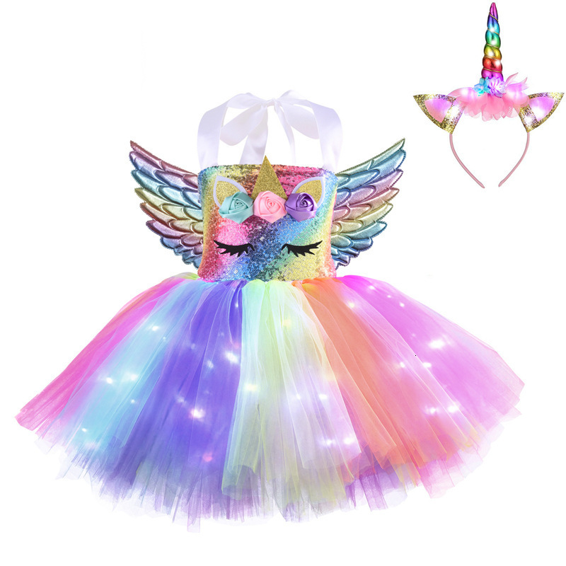 Girl's Dresses Girls Unicorn Dresses Christmas Kids LED Lights Sequin Pastel Rainbow Birthday Party Tutu Dresses Shiny Princess Cosplay Costume 2