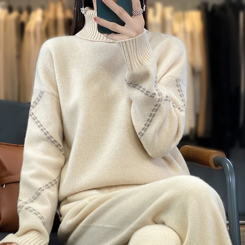 Womens Two Piece Pants selling womens pants long sleeved knitted pullover high neck sweater casual wide leg 100% cotton set 231118wtt