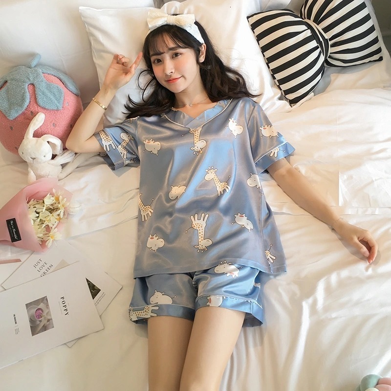 Women's Sleepwear Pajamas Women Summer Thin Ice Silk Short-sleeved Two-piece Suit Net Red Cartoon Ladies Home Service Pajamas 230418