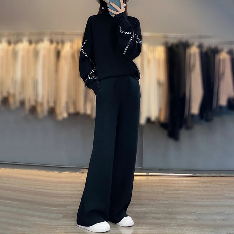 Womens Two Piece Pants selling womens pants long sleeved knitted pullover high neck sweater casual wide leg 100% cotton set 231118wtt