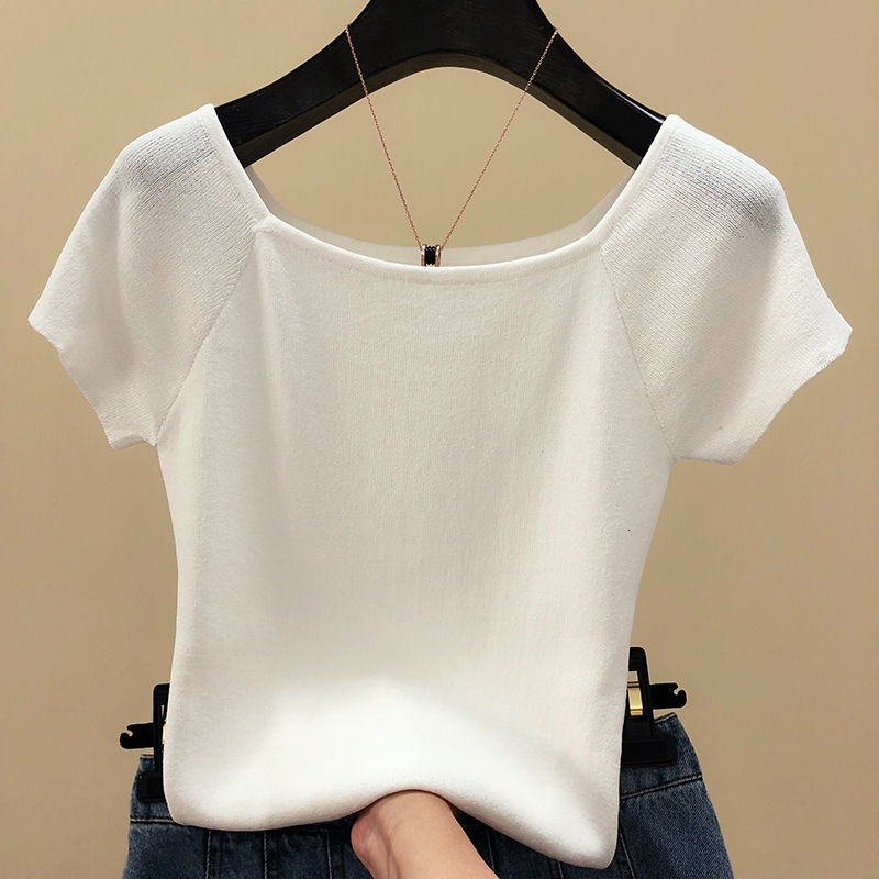 Women's T-Shirt Knitted Korean Fashion T-Shirt Women Summer Tall Tops Slim fit Short sleeve Tee Clothes Off shoukder 230418