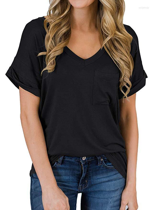 Women's T Shirts For Women Tops Summer V-neck Pocket T-shirt Curled Loose Leopard Print Solid Color All-match Urban Street Home