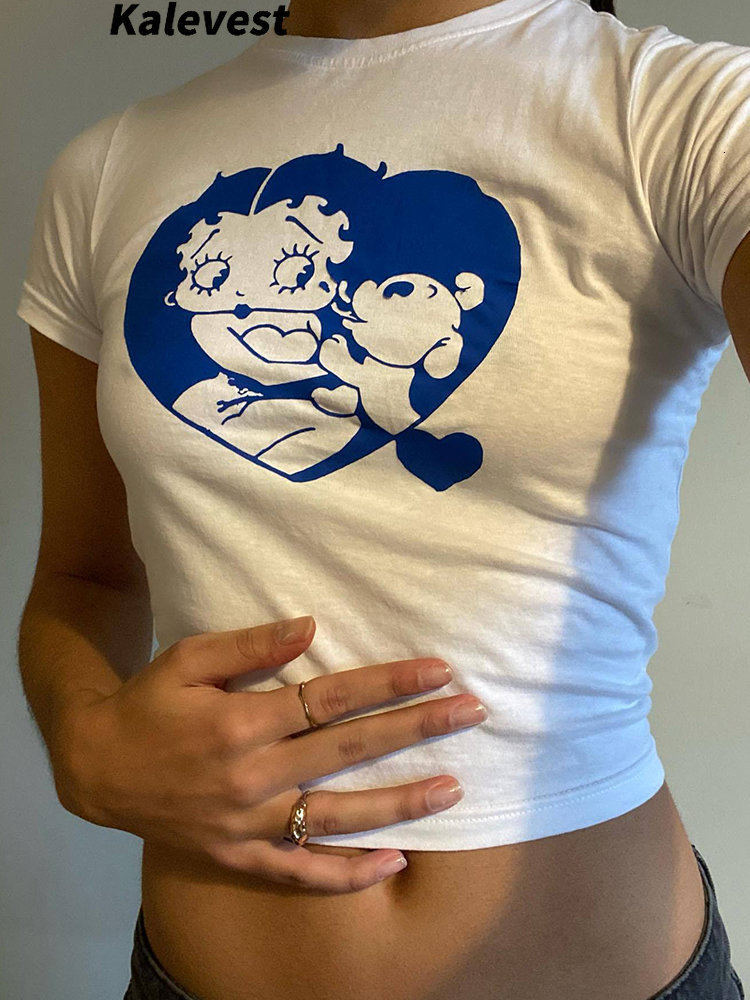 Women's T-Shirt Womens Kalevest Y2K Tops Cyber Graphic Crop Top White Vintage Women Short Slve Gyaru Ts 2000s Clothes Female T-Shirts 230418 H252