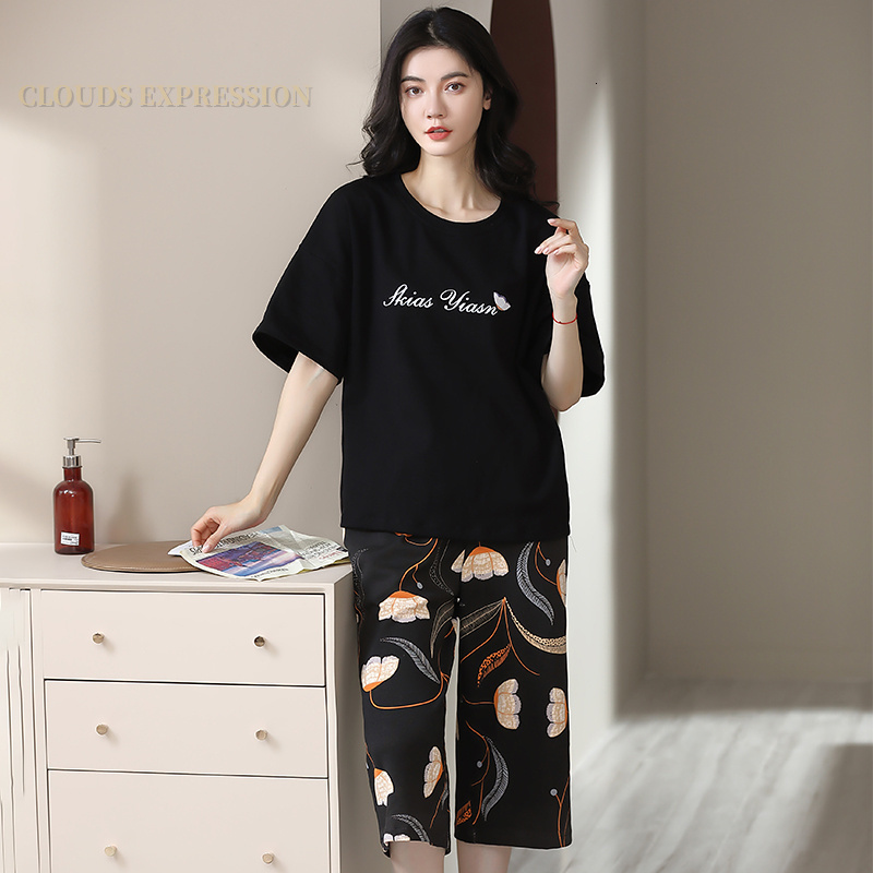 Women's Sleepwear Summer Elegant Women Floral Pajama Sets Short Sets Capris Knitted Cotton Sexy Black Sleepwear FemalePajamas Lounge Pijama Mujer