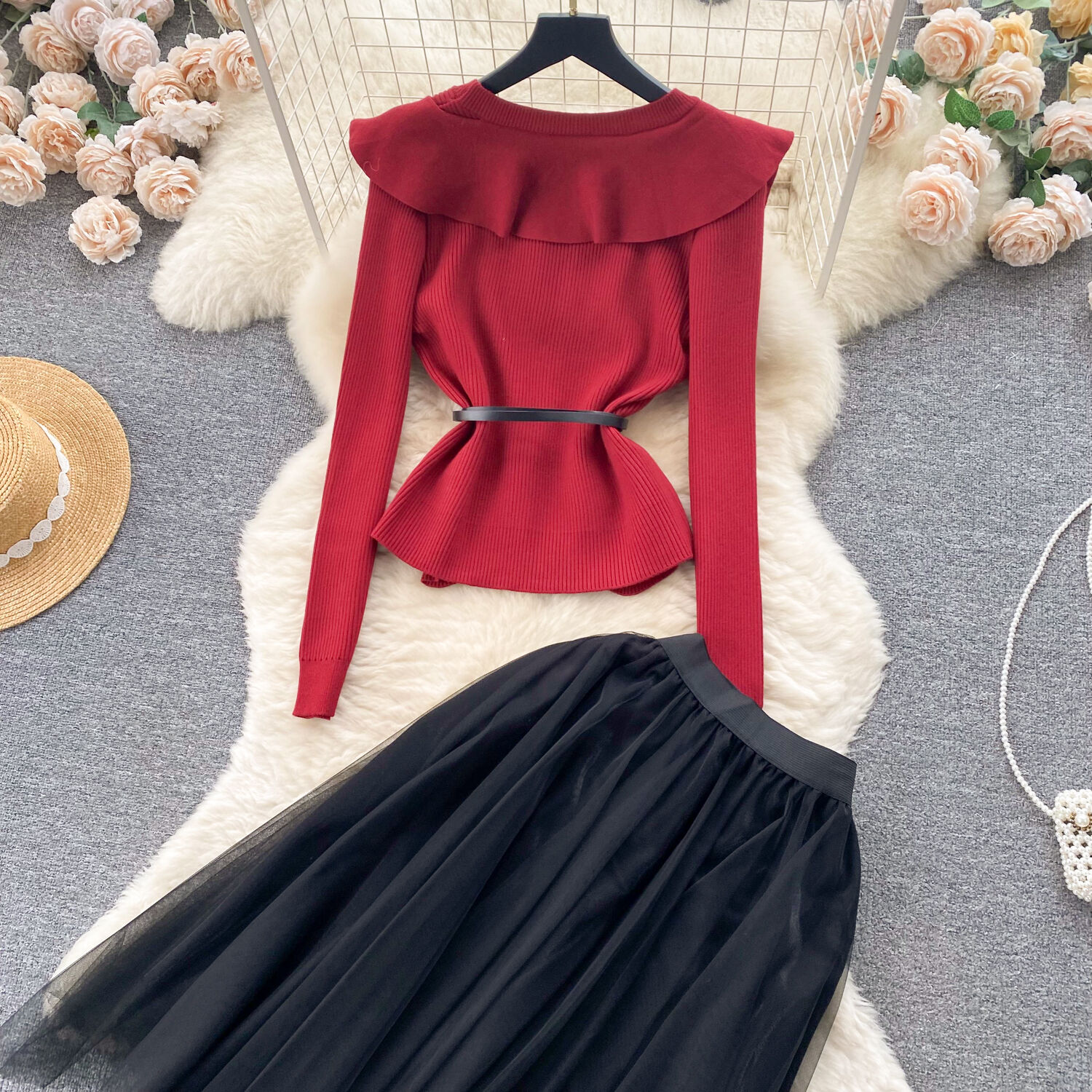 Two Piece Dress High Quality Ruffle Edges And Waistband Long Sleeve Knit Shirt For Women With Autumn And Winter Girls Pleated Mesh Skirt Sets 2024