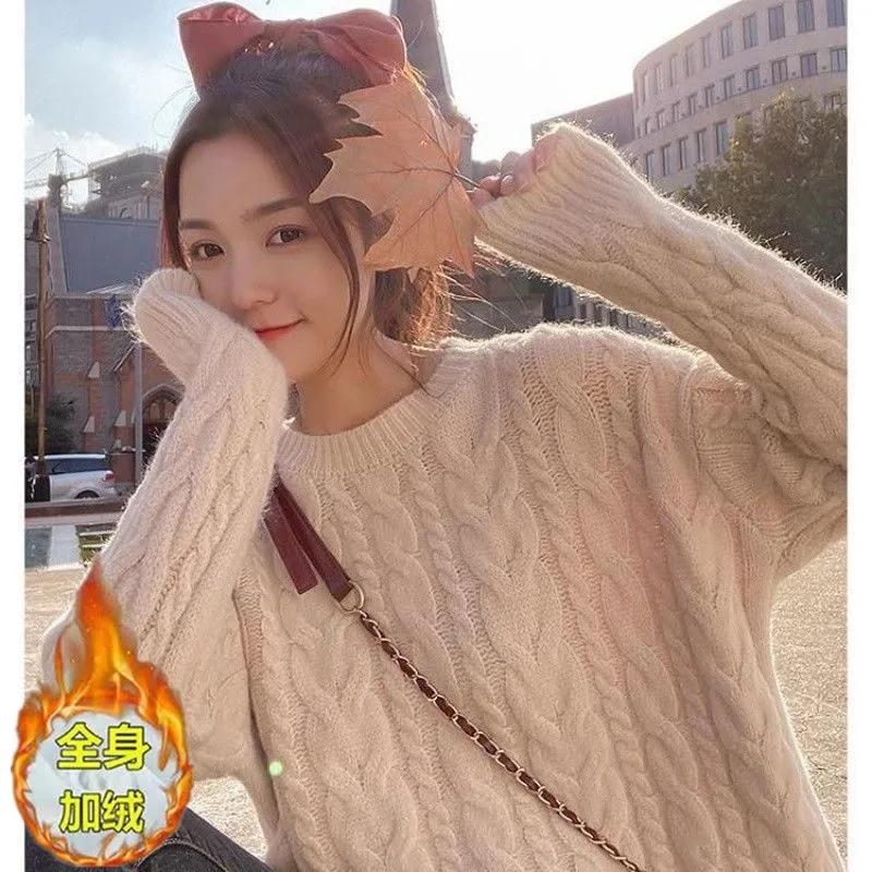 Womens Sweaters Velvet Thick Knitted Sweater Women Retro Western Style Short Student Hedging Fall/Winter Loose Outside Take LazyWomens