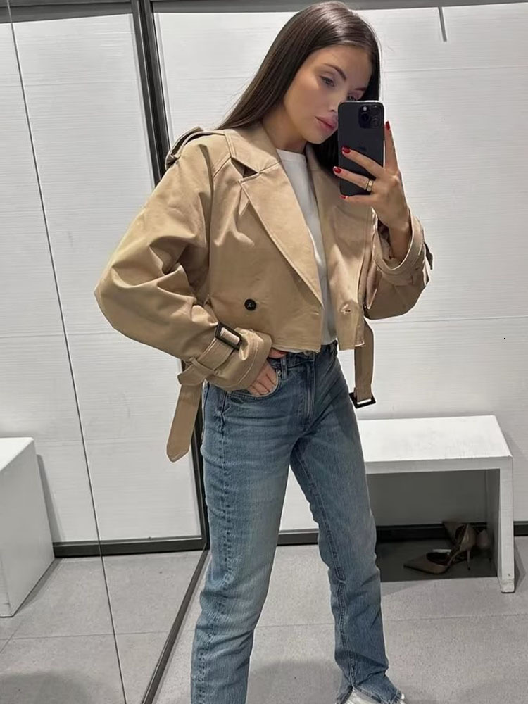 Women's Jacket 2023 Fashion Loose Cropped cut out style Trench Coat Vintage Long Sleeve Female Outerwear Chic Overcoat 230417