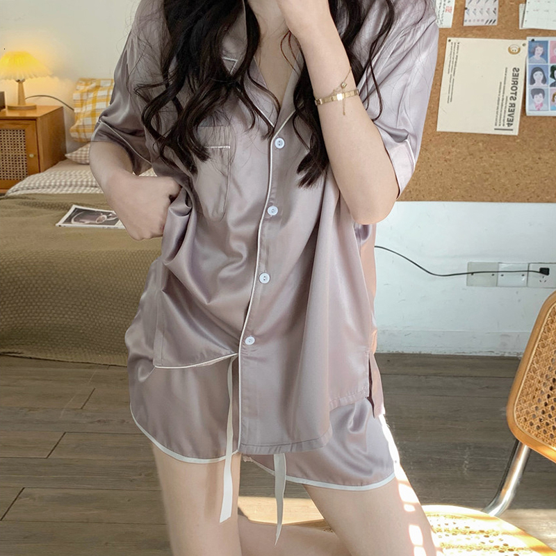 Women's Sleepwear Summer Ladies Sweet Satin Silk Solid Color Pajamas Set Short SleevePants Women Ice Silk Cute Homewear Casual Wear 230418