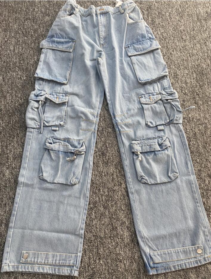 Women's Jeans GetSpring Women Denim Pants Autumn Winter Multi pocket Wide Leg Jeans Fashion Loose Leisure Long Denim Trousers Arrvial 230417