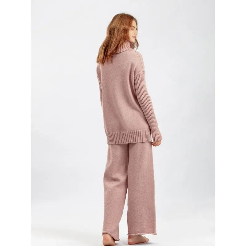 Womens Two Piece Pants Sweater set womens track suit autumn and winter knit 2piece warm turtle neck sweater pulled wide leg pants 231118wtt