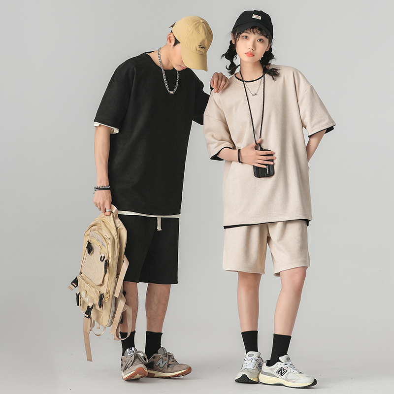 Men's Tracksuits M-3XL Summer Man Short Sets Oversized Solid Tracksuits Mens Casual Two Pieces Short Sleeve T Shirts and Shorts Set Male Female 2