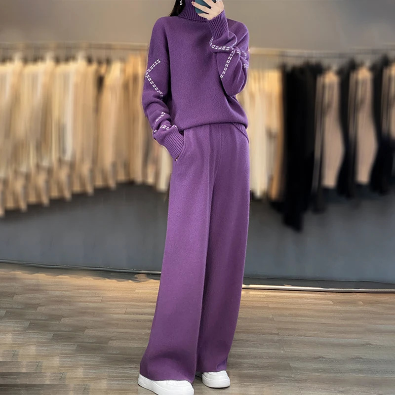 Womens Two Piece Pants selling womens pants long sleeved knitted pullover high neck sweater casual wide leg 100% cotton set 231118wtt